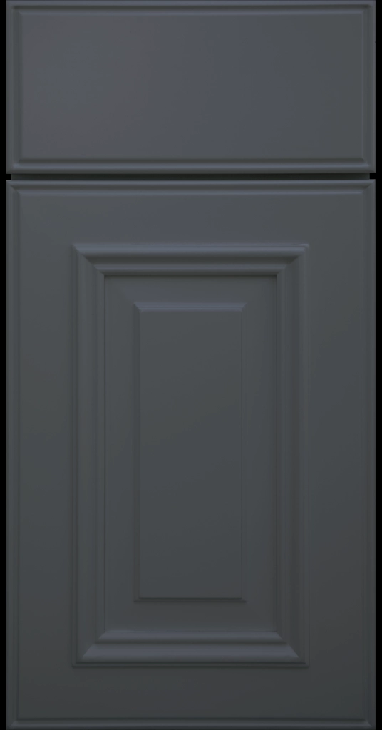Custom Sea Matte color Anderson Raised Panel Kitchen Cabinet Door and matching Slab Drawer Front.